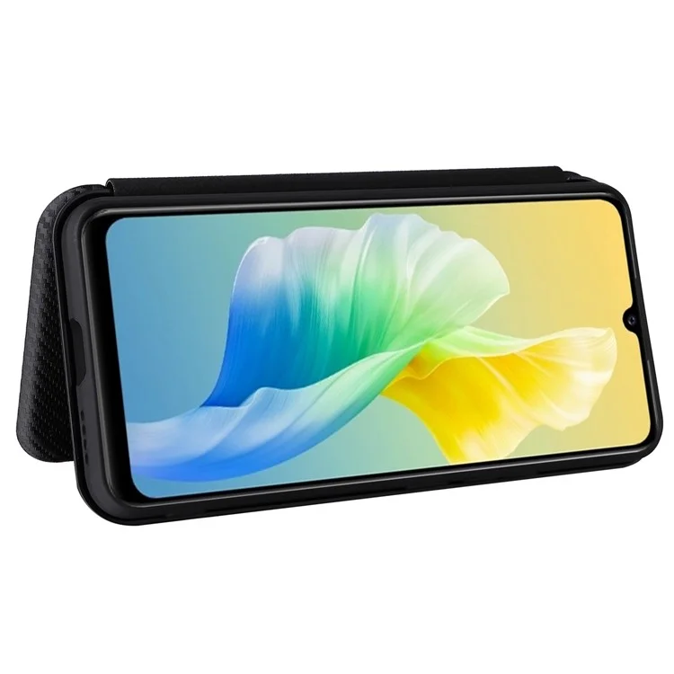 For vivo S10e/V23e Ring Strap Anti-fall Carbon Fiber Texture Auto-absorbed Magnetic Closure Leather Phone Case with Stand - Black