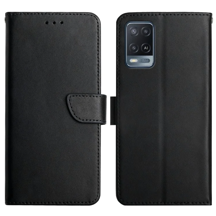 Custodia Portafoglio in Pelle Vera Nappa Texture Flip Antiurto con Chiusura Magnetica e Supporto per Oppo A54 4G/A54s/A16/A16s - Nero