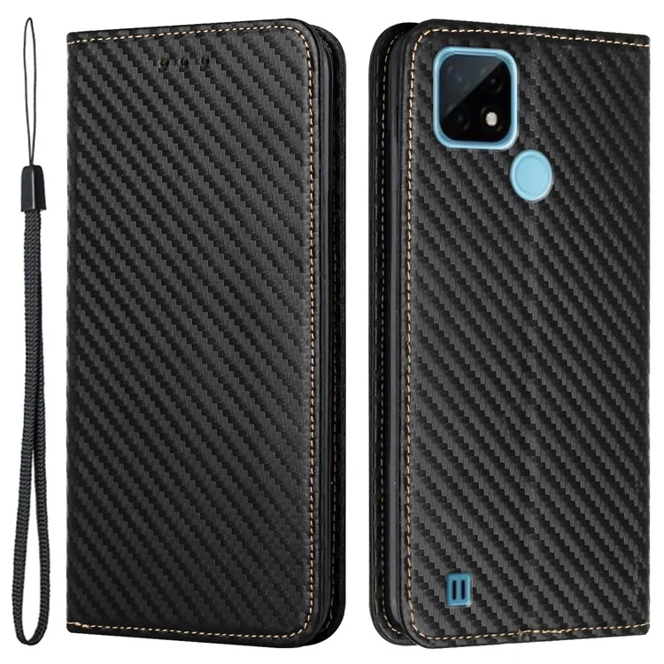 Textura de Fibra de Carbono PU Cael Casa Automaténica Tapa de Atualização de Flip Flip Para Realme C21 - Preto