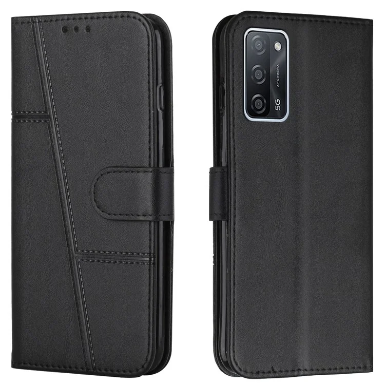 Fall Prevention Stand Feature Stitching Lines PU Leather Phone Wallet Cover Case for Oppo A16/A16s/A54s/A55 5G/A53s 5G - Black