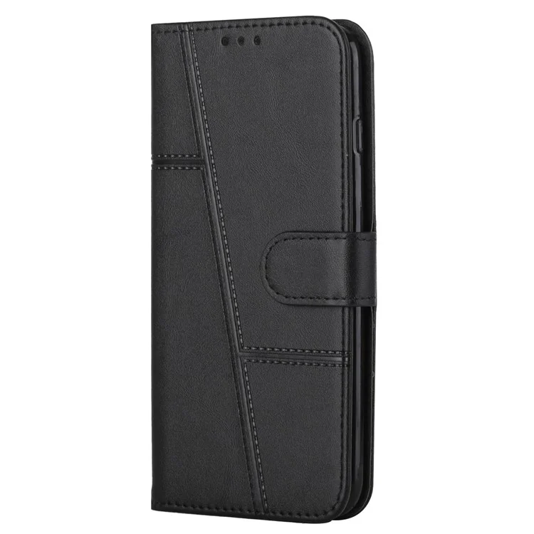 Fall Prevention Stand Feature Stitching Lines PU Leather Phone Wallet Cover Case for Oppo A16/A16s/A54s/A55 5G/A53s 5G - Black