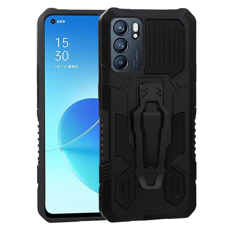 Coque de protection pour téléphone portable Oppo Reno6 5G, en PC + TPU avec support pliable et plaque métallique intégrée, couleur noire
