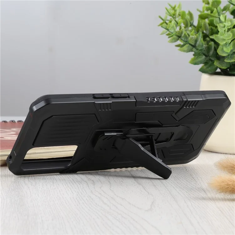 Coque de protection pour téléphone portable Oppo Reno6 5G, en PC + TPU avec support pliable et plaque métallique intégrée, couleur noire