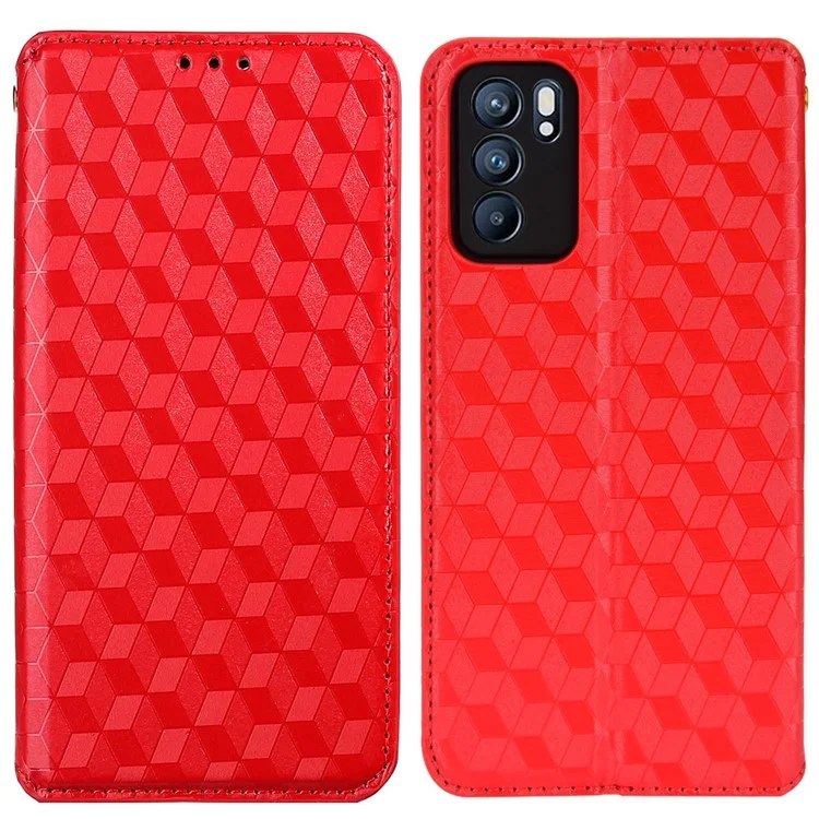 Impression de Scénario de Motif de Losange 3D Protection Complète Couverture en Cuir PU + Étui de Téléphone TPU Intérieur Avec Portefeuille Stand Pour Oppo Reno6 5G - Rouge