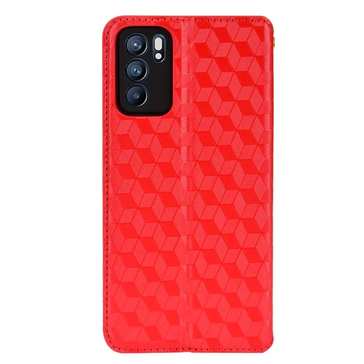 Impression de Scénario de Motif de Losange 3D Protection Complète Couverture en Cuir PU + Étui de Téléphone TPU Intérieur Avec Portefeuille Stand Pour Oppo Reno6 5G - Rouge