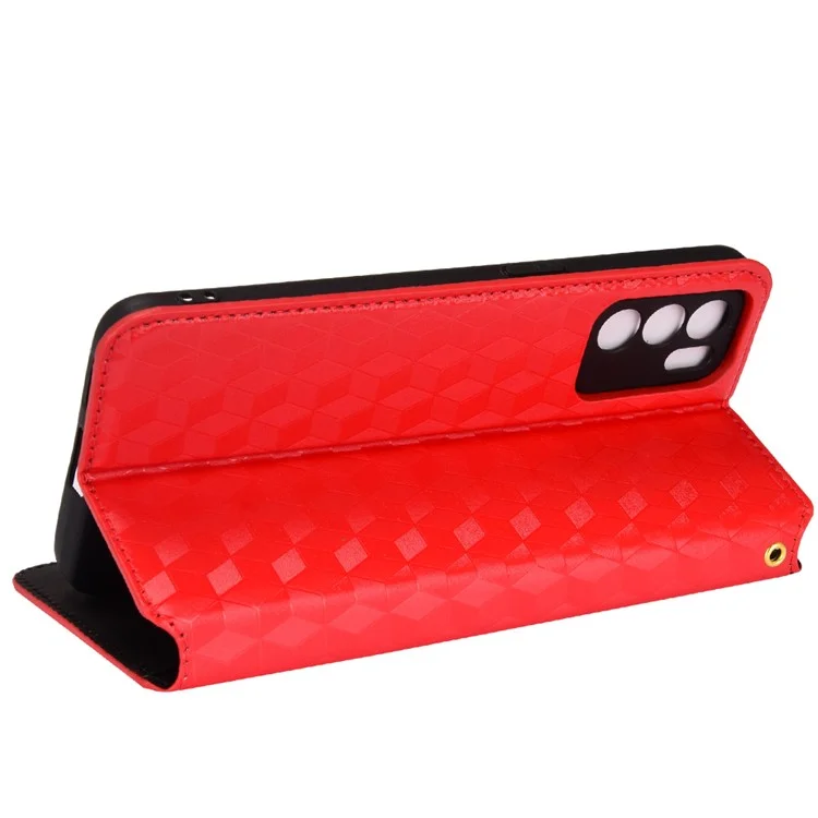 Impression de Scénario de Motif de Losange 3D Protection Complète Couverture en Cuir PU + Étui de Téléphone TPU Intérieur Avec Portefeuille Stand Pour Oppo Reno6 5G - Rouge