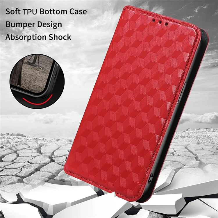 Impression de Scénario de Motif de Losange 3D Protection Complète Couverture en Cuir PU + Étui de Téléphone TPU Intérieur Avec Portefeuille Stand Pour Oppo Reno6 5G - Rouge