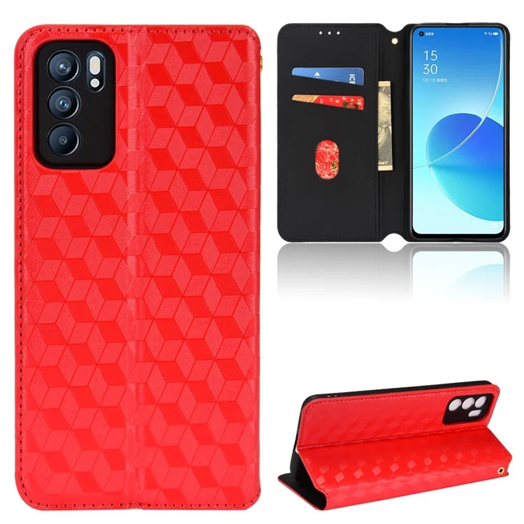 Impression de Scénario de Motif de Losange 3D Protection Complète Couverture en Cuir PU + Étui de Téléphone TPU Intérieur Avec Portefeuille Stand Pour Oppo Reno6 5G - Rouge