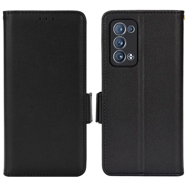 Well-protected Double Magnetic Clasp Litchi Texture PU Leather Stand Wallet Case Shell for Oppo Reno6 Pro+ 5G/Reno6 Pro 5G (Snapdragon) - Black