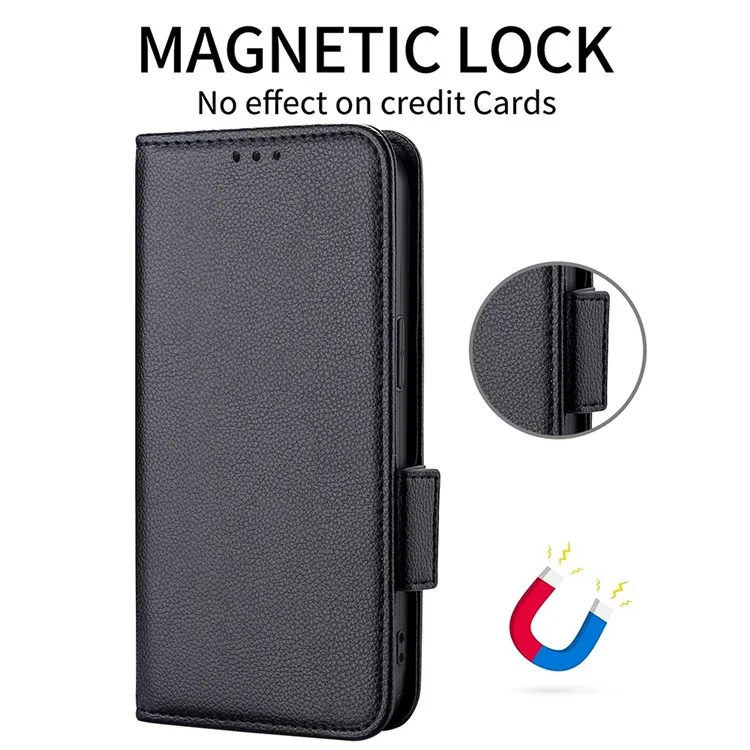 Well-protected Double Magnetic Clasp Litchi Texture PU Leather Stand Wallet Case Shell for Oppo Reno6 Pro+ 5G/Reno6 Pro 5G (Snapdragon) - Black