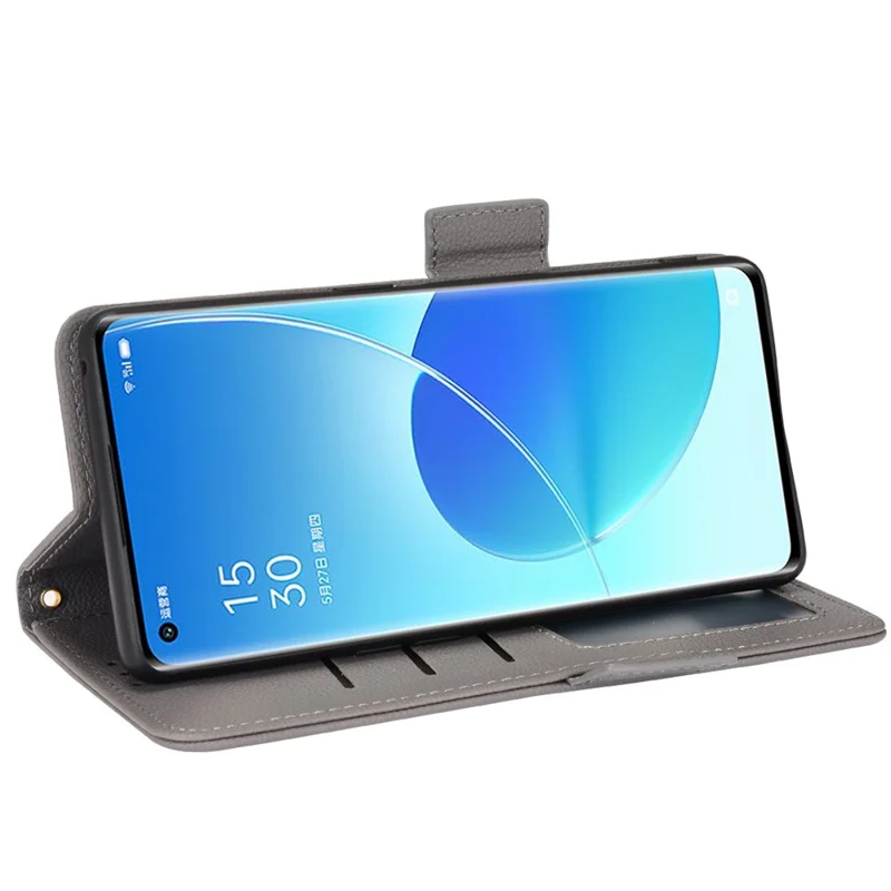 Well-protected Double Magnetic Clasp Litchi Texture PU Leather Stand Wallet Case Shell for Oppo Reno6 Pro+ 5G/Reno6 Pro 5G (Snapdragon) - Grey