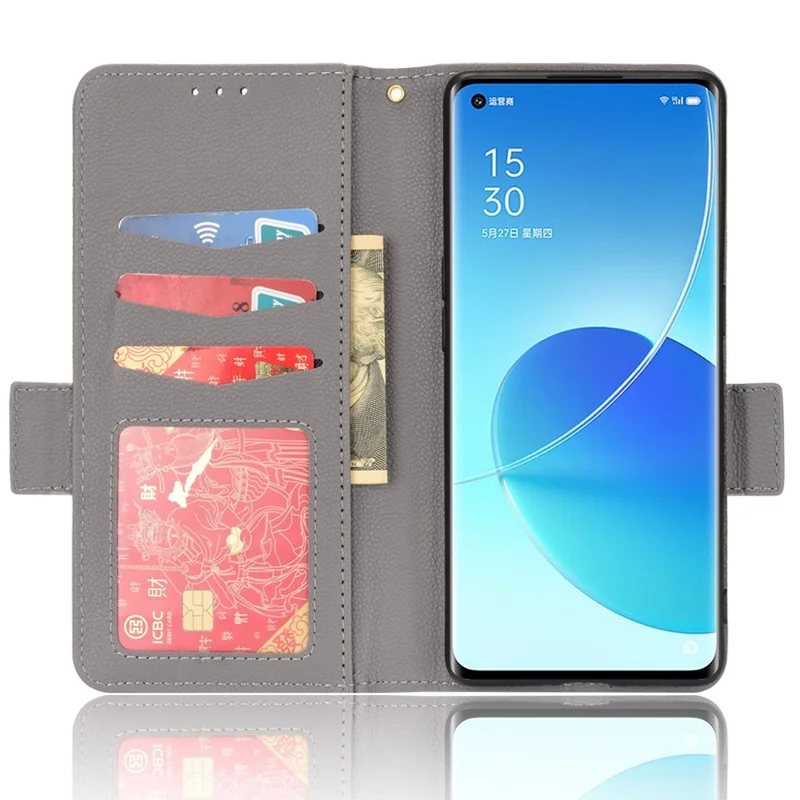 Well-protected Double Magnetic Clasp Litchi Texture PU Leather Stand Wallet Case Shell for Oppo Reno6 Pro+ 5G/Reno6 Pro 5G (Snapdragon) - Grey