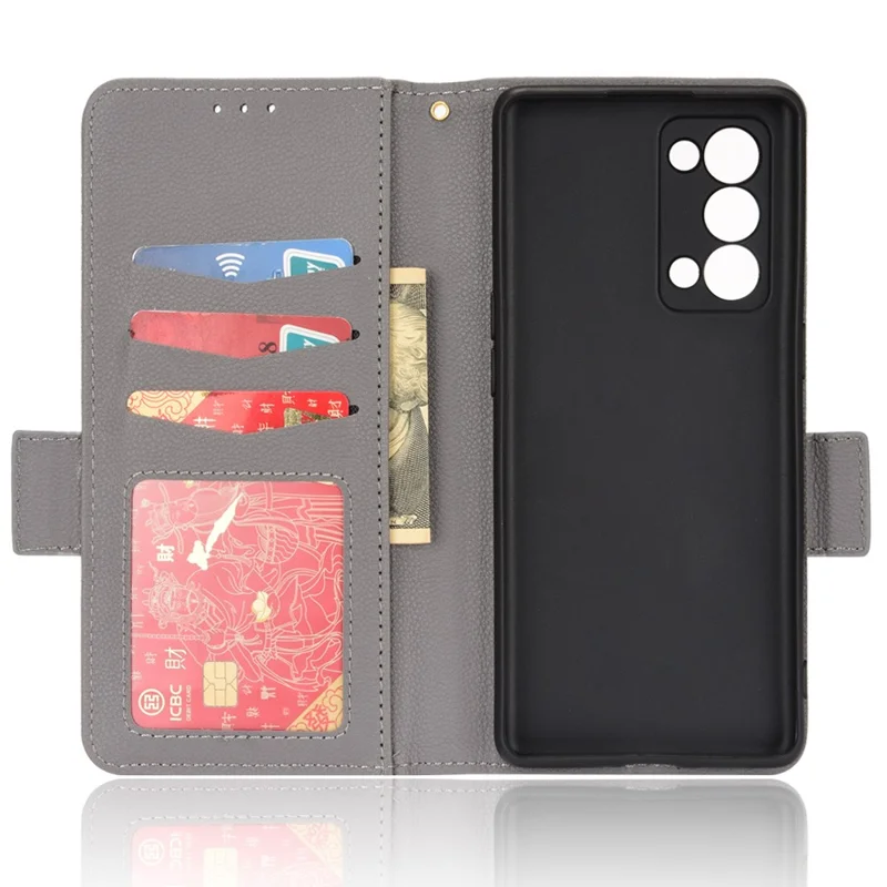 Well-protected Double Magnetic Clasp Litchi Texture PU Leather Stand Wallet Case Shell for Oppo Reno6 Pro+ 5G/Reno6 Pro 5G (Snapdragon) - Grey