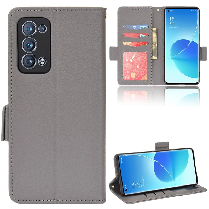 Well-protected Double Magnetic Clasp Litchi Texture PU Leather Stand Wallet Case Shell for Oppo Reno6 Pro+ 5G/Reno6 Pro 5G (Snapdragon) - Grey