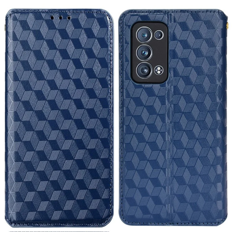 Imprintieren 3D Rhombus Muster Stand Wallet Ledertasche Magnetic Auto Closed Telefonabdeckung Für Oppo Reno6 Pro + 5G / Reno6 Pro 5G (Snapdragon) - Blau