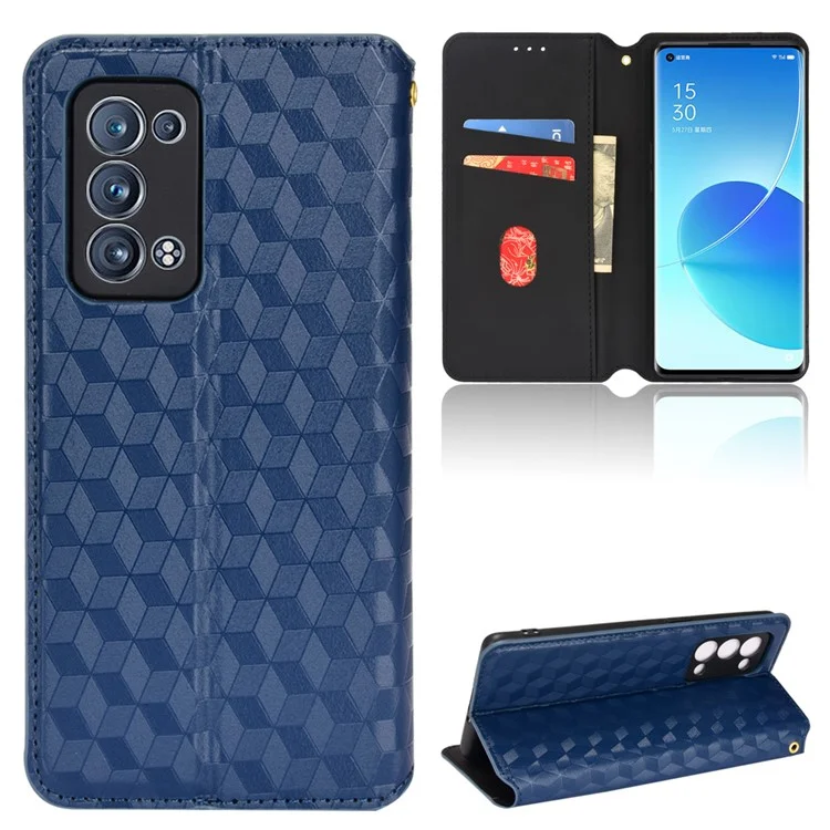 Imprintieren 3D Rhombus Muster Stand Wallet Ledertasche Magnetic Auto Closed Telefonabdeckung Für Oppo Reno6 Pro + 5G / Reno6 Pro 5G (Snapdragon) - Blau