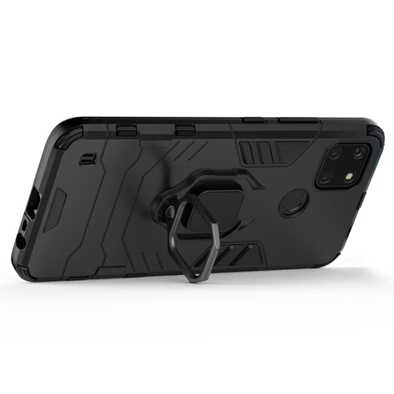 Anti-scratch Soft TPU + Hard PC Protective Case with Metal Ring Kickstand for Realme C21Y - Black