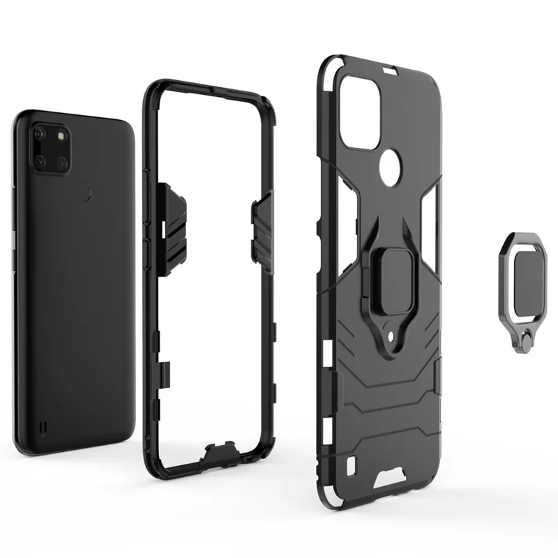 Anti-scratch Soft TPU + Hard PC Protective Case with Metal Ring Kickstand for Realme C21Y - Black