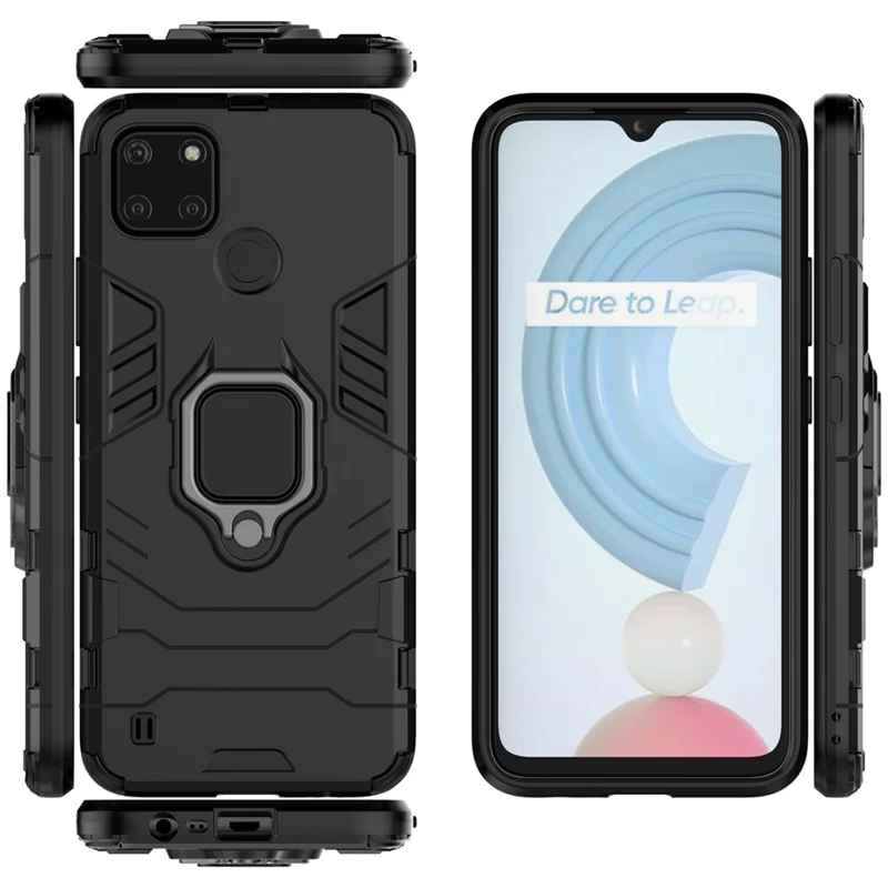 Anti-scratch Soft TPU + Hard PC Protective Case with Metal Ring Kickstand for Realme C21Y - Black