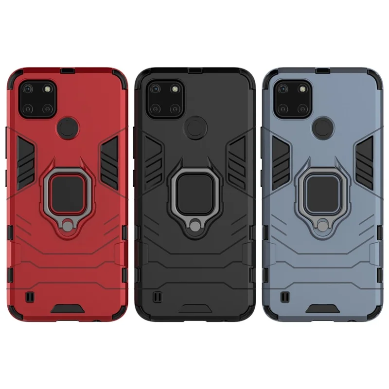 Anti-scratch Soft TPU + Hard PC Protective Case with Metal Ring Kickstand for Realme C21Y - Black