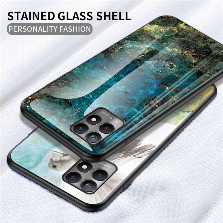 Anti-scratch Tempered Glass+TPU Phone Back Shell Lightweight Thin Marble Pattern Case Cover for Realme 8i/Narzo 50 4G - Blood Red Marble