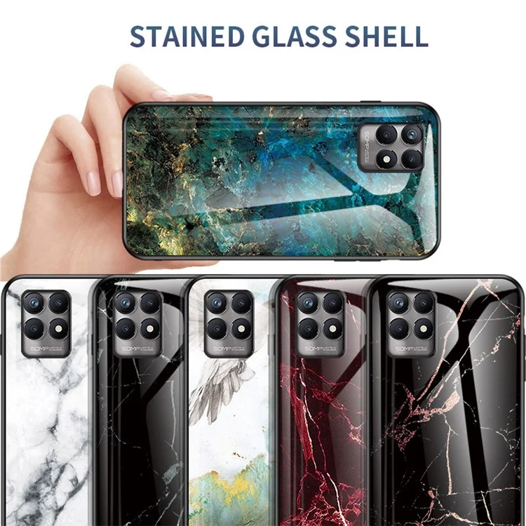 Anti-scratch Tempered Glass+TPU Phone Back Shell Lightweight Thin Marble Pattern Case Cover for Realme 8i/Narzo 50 4G - Blood Red Marble