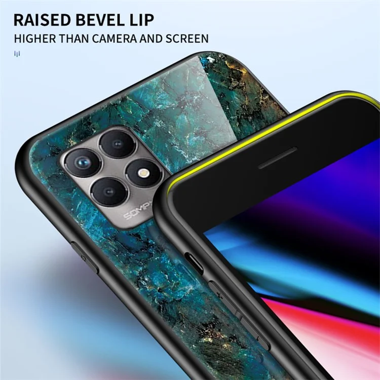 Anti-scratch Tempered Glass+TPU Phone Back Shell Lightweight Thin Marble Pattern Case Cover for Realme 8i/Narzo 50 4G - Blood Red Marble