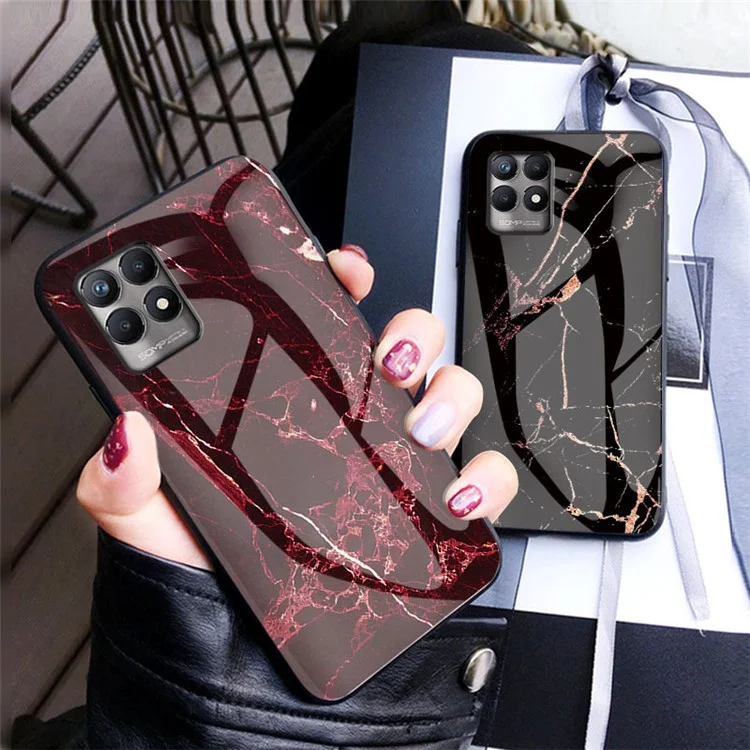 Anti-scratch Tempered Glass+TPU Phone Back Shell Lightweight Thin Marble Pattern Case Cover for Realme 8i/Narzo 50 4G - Blood Red Marble