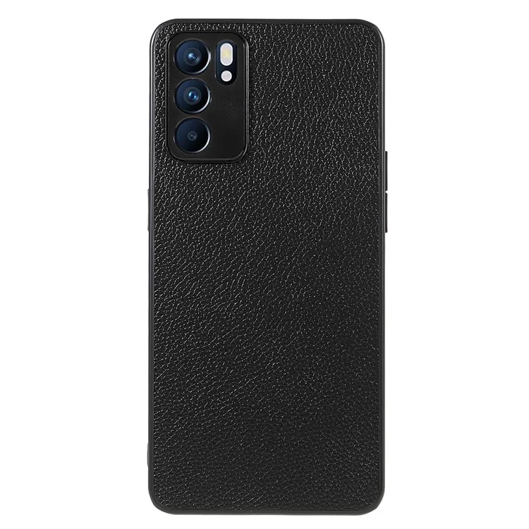 Capa de Telefone Resistente a Choques TPU + PC com Revestimento de Couro Genuíno de Textura de Lichia para Oppo Reno6 5G - Preto 