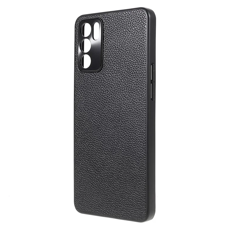 Capa de Telefone Resistente a Choques TPU + PC com Revestimento de Couro Genuíno de Textura de Lichia para Oppo Reno6 5G - Preto 