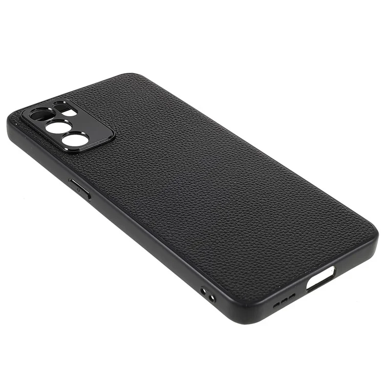Capa de Telefone Resistente a Choques TPU + PC com Revestimento de Couro Genuíno de Textura de Lichia para Oppo Reno6 5G - Preto 