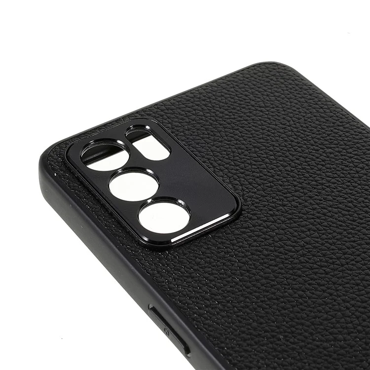 Capa de Telefone Resistente a Choques TPU + PC com Revestimento de Couro Genuíno de Textura de Lichia para Oppo Reno6 5G - Preto 