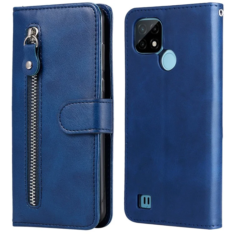Shockproof Anti-scratch Phone Covering PU Leather Zippered Pocket Phone Case Coin Wallet Stand Folding Case for Realme C21Y/C21/C25Y - Blue