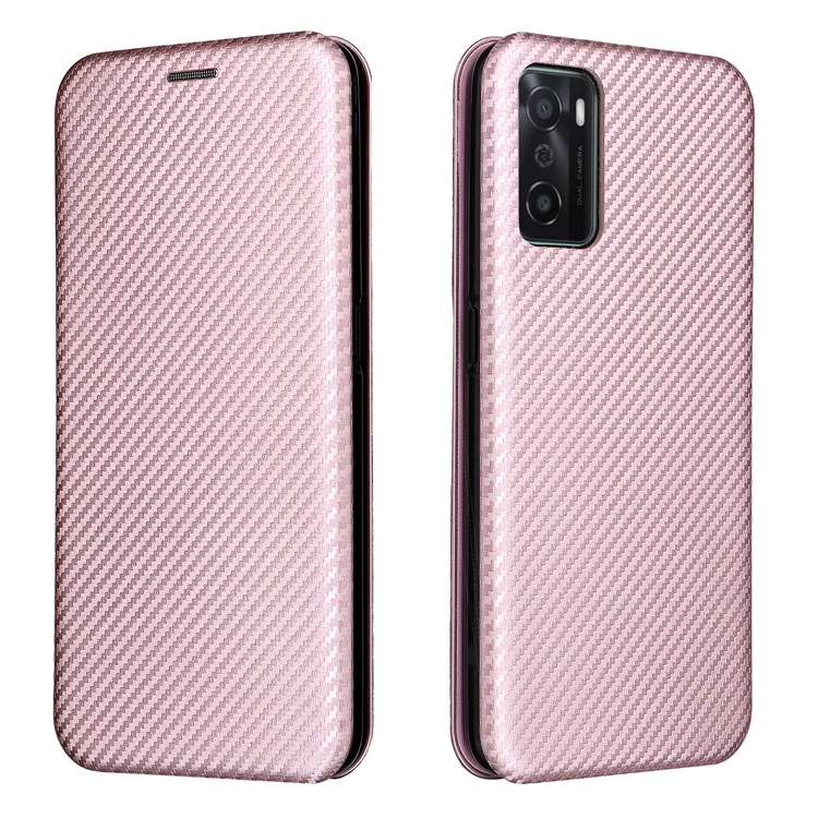 Texture en Fibre de Carbone Pute en Cuir Pli Pliable Couverture de Clôture Automatique Magnétique Avec Emplacement Pour Carte Pour Oppo A55s 5G (CPH2309) - or Rose