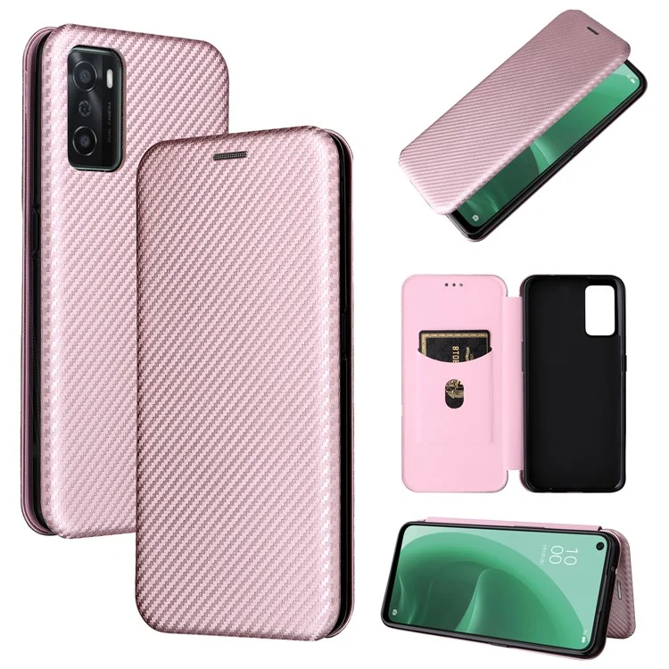 Texture en Fibre de Carbone Pute en Cuir Pli Pliable Couverture de Clôture Automatique Magnétique Avec Emplacement Pour Carte Pour Oppo A55s 5G (CPH2309) - or Rose