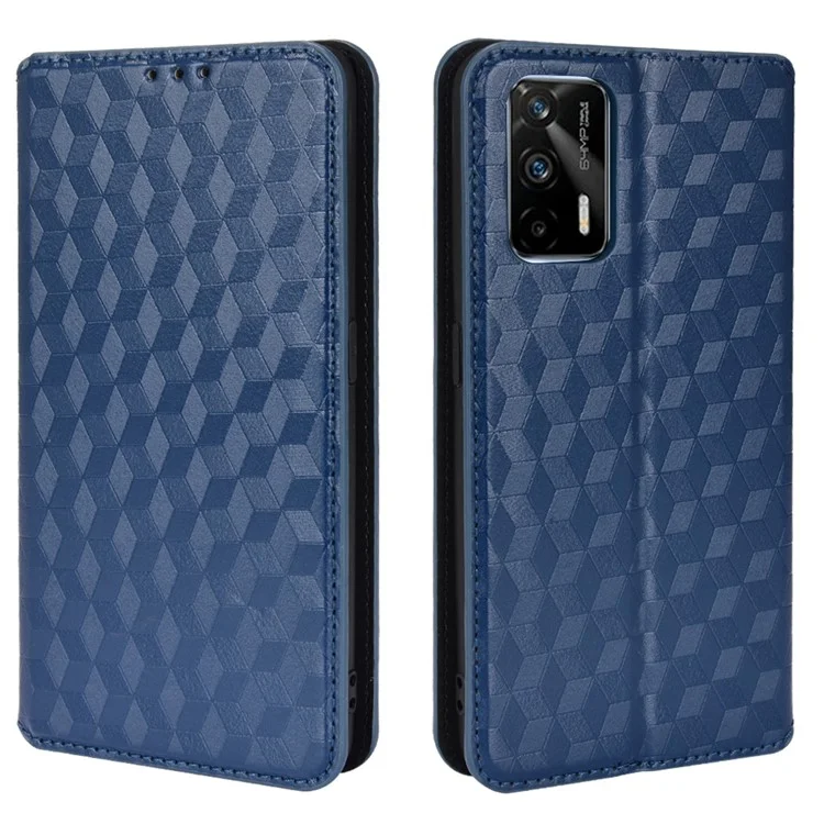 Stand Wallet Design Well-protected 3D Rhombus Imprinting Leather Phone Case Cover for Realme GT Neo2T 5G/GT 5G/GT Neo 5G/Q3 Pro 5G - Azul