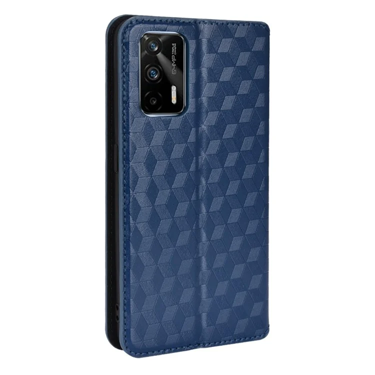 Stand Wallet Design Well-protected 3D Rhombus Imprinting Leather Phone Case Cover for Realme GT Neo2T 5G/GT 5G/GT Neo 5G/Q3 Pro 5G - Azul
