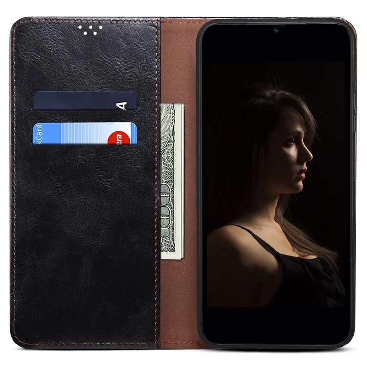 Custodia Portafoglio in Pelle PU con Texture Waxy Crazy Horse e Assorbimento Magnetico per Oppo A35/A15/A15s - Nero