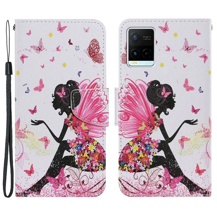 Magnetischer Verschluss Stilvoller Muster Printing Cross Textur Anti-Fall Leder Brieftasche Cover Stand Case mit Riemen für vivo Y21/Y21s/Y33s - Schönes Mädchen