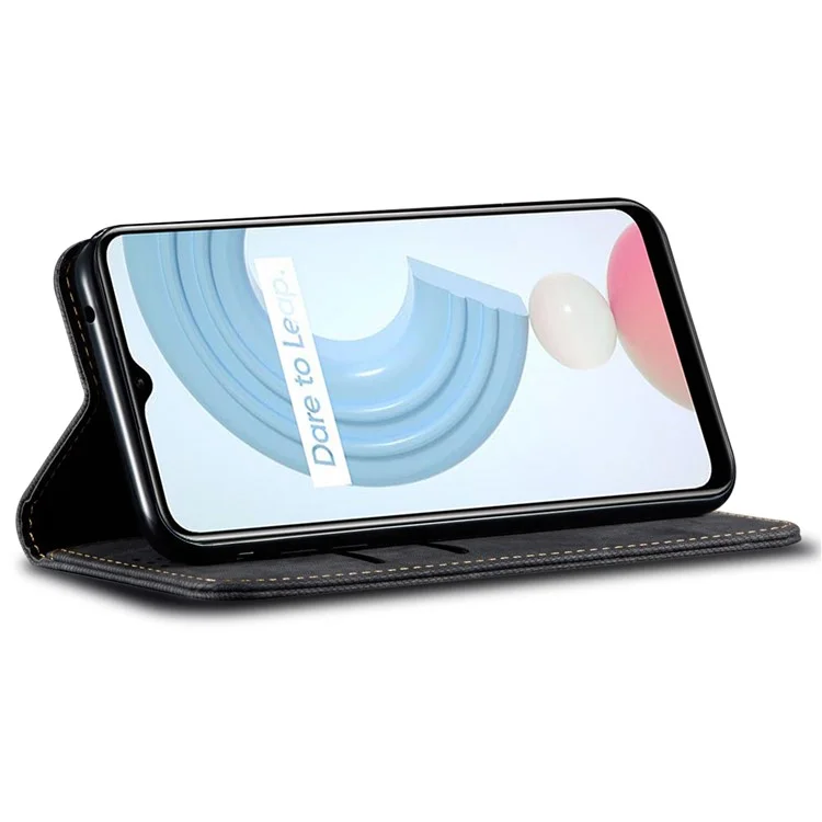 Jeans Cloth Texture Well-protected PU Leather Flip Case Wallet Stand TPU Inner Shell Phone Cover for Realme C21Y/C25Y - Black