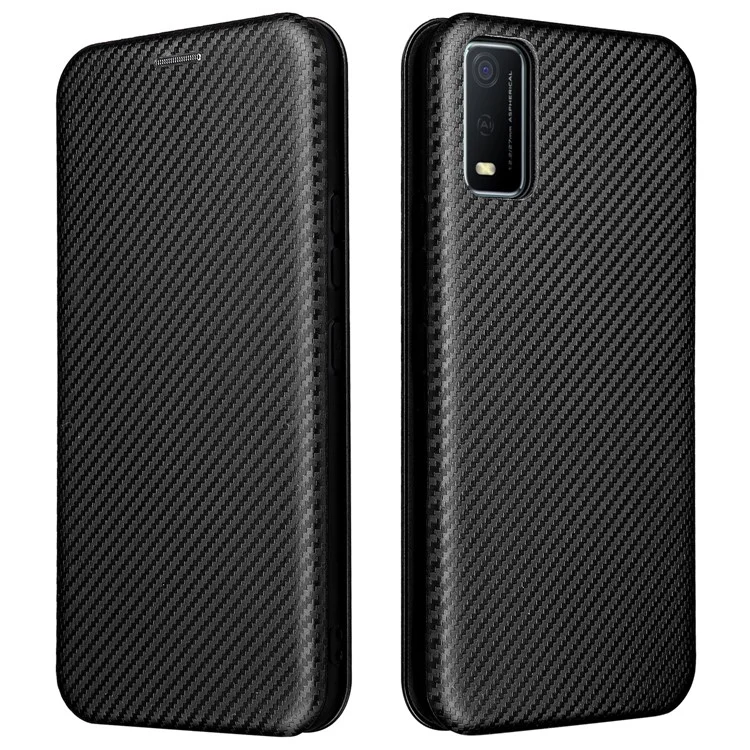 Texture in Fibra di Carbonio Magnetic Auto Closing Leather Telefy Cover Con Stand e Slot Per Schede Per Vivo Y3s (2021) - Nero