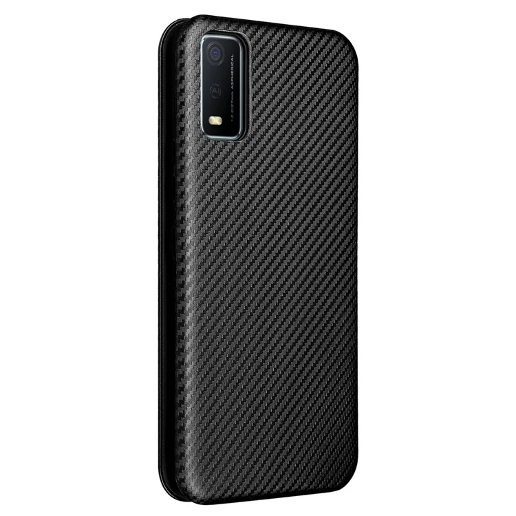 Texture in Fibra di Carbonio Magnetic Auto Closing Leather Telefy Cover Con Stand e Slot Per Schede Per Vivo Y3s (2021) - Nero