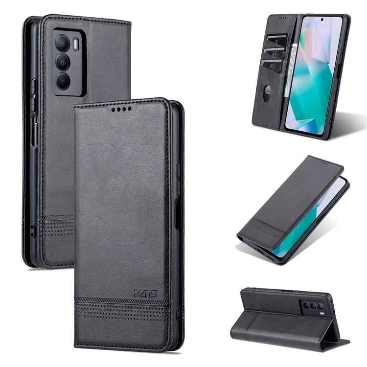Azns Wallet Stand Phone Case TPU Interior PU Couather Coverblip Magnetic Flip Tampa Para Vivo T1 5G - Preto
