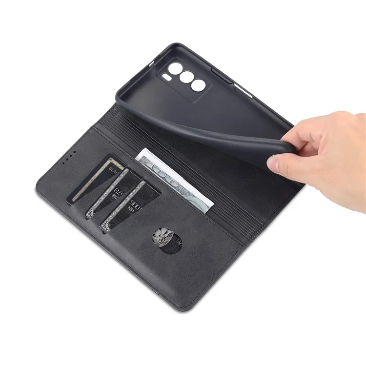 Azns Wallet Stand Phone Case TPU Interior PU Couather Coverblip Magnetic Flip Tampa Para Vivo T1 5G - Preto