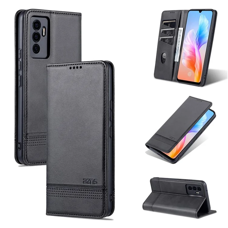 AZNS Book Stand pu Leather Téléphone Magnétique Magnétique Auto-absorbed Portefeuille Flip Cover For Vivo S10e / V23e 4G - le Noir