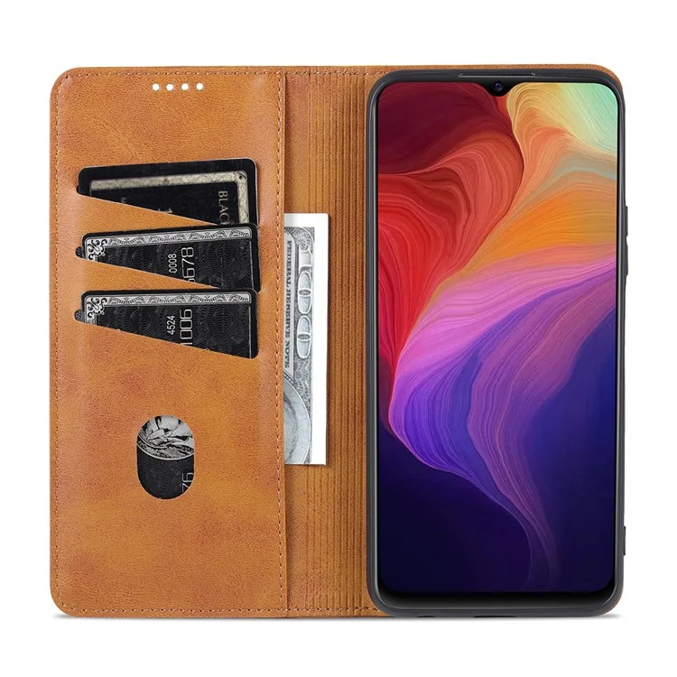 AZNS Magnetic Absorption PU Leather Flip Cover Stand Protective Wallet Phone Case for vivo Y15s / Y15a - Brown