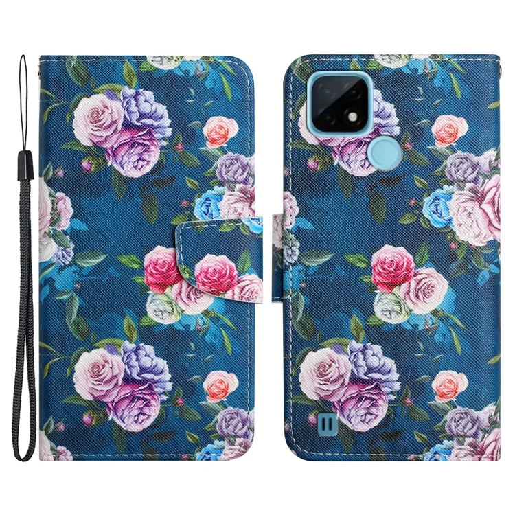 Cross Texture Pattern Printing Phone Case Stand Wallet Shockproof Leather Cover with Wrist Strap for Realme C21 - Fluorescent Rose