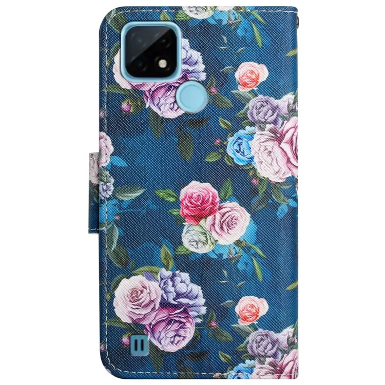 Cross Texture Pattern Printing Phone Case Stand Wallet Shockproof Leather Cover with Wrist Strap for Realme C21 - Fluorescent Rose