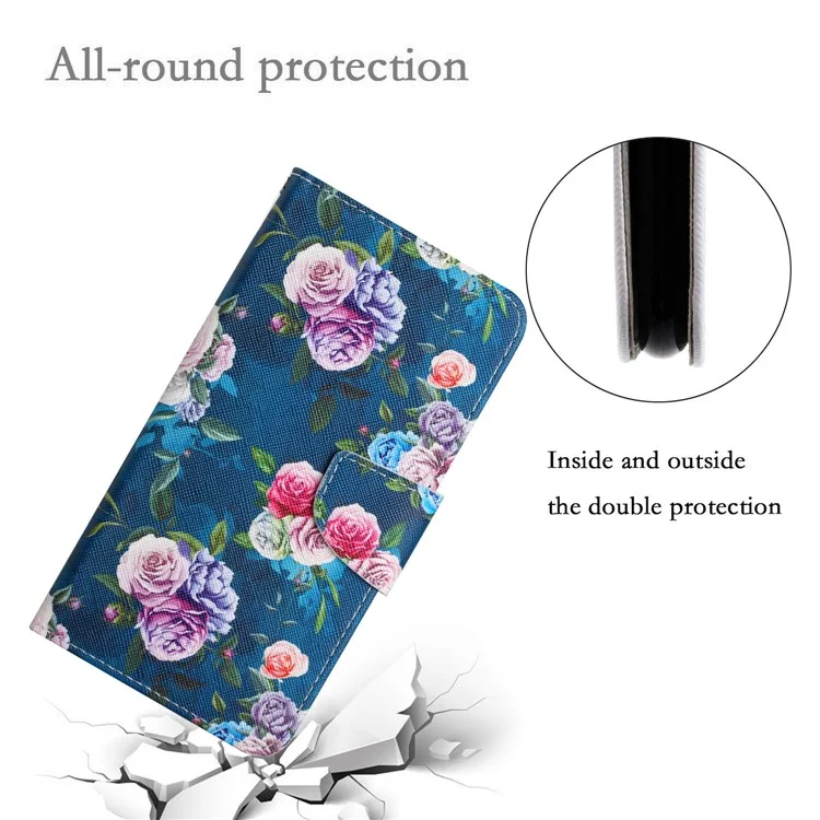 Cross Texture Pattern Printing Phone Case Stand Wallet Shockproof Leather Cover with Wrist Strap for Realme C21 - Fluorescent Rose