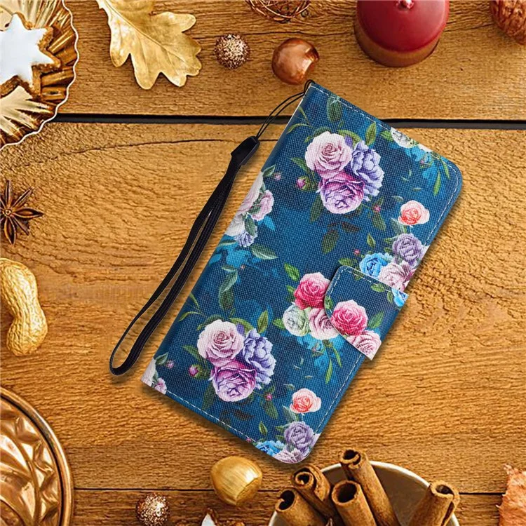 Cross Texture Pattern Printing Phone Case Stand Wallet Shockproof Leather Cover with Wrist Strap for Realme C21 - Fluorescent Rose